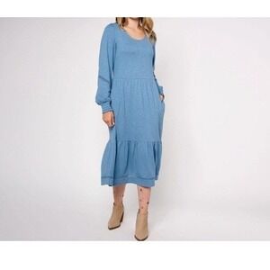 New Canyon Retreat Blue Tiered Spring Midi Dress Balloon Sleeve Linen Cotton S